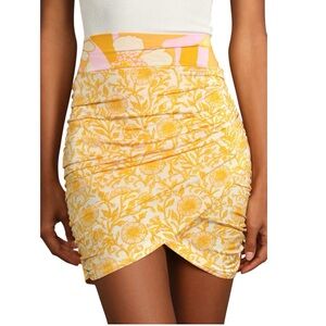 NWT Free People She’s Something Else Yellow Floral Jersey Knit Ruched Mini Skirt